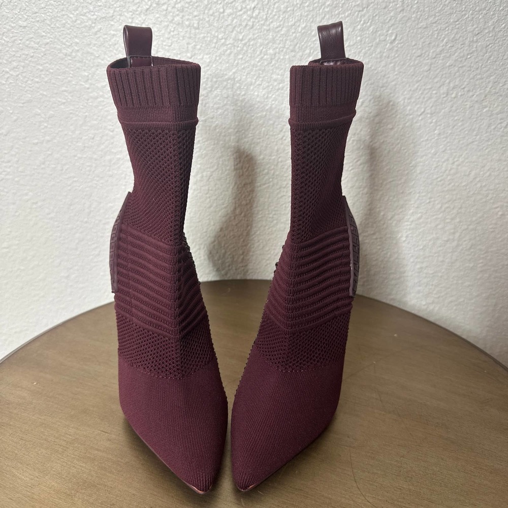 Knit Pointed-Toe High Heel Ankle Boots in Plum - Picture 2 of 7